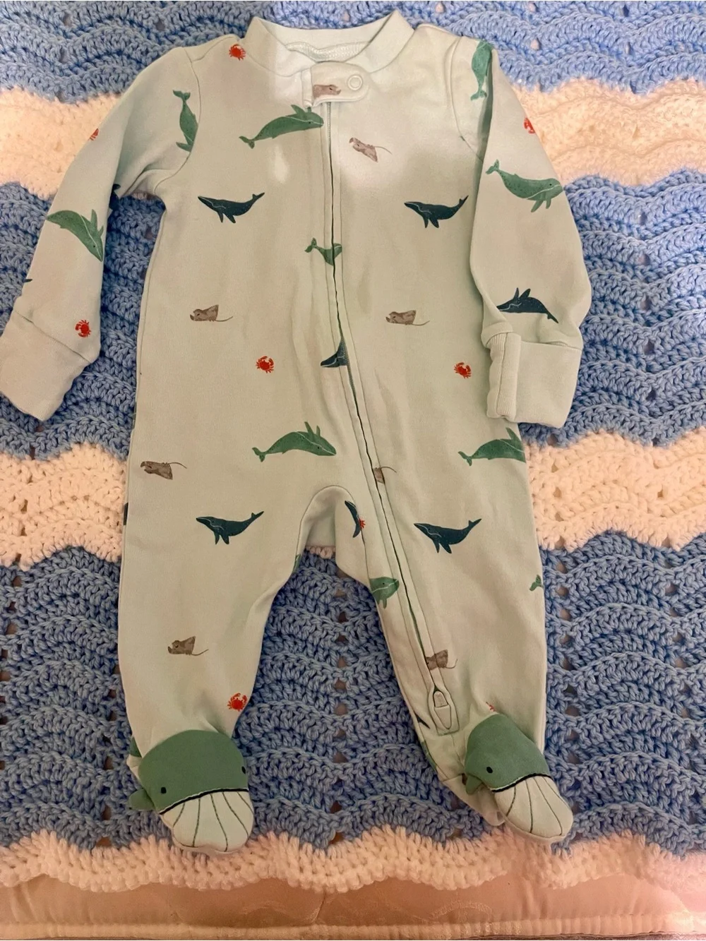 Baby One-Piece Footed Pajamas in Seafoam with Whale Print